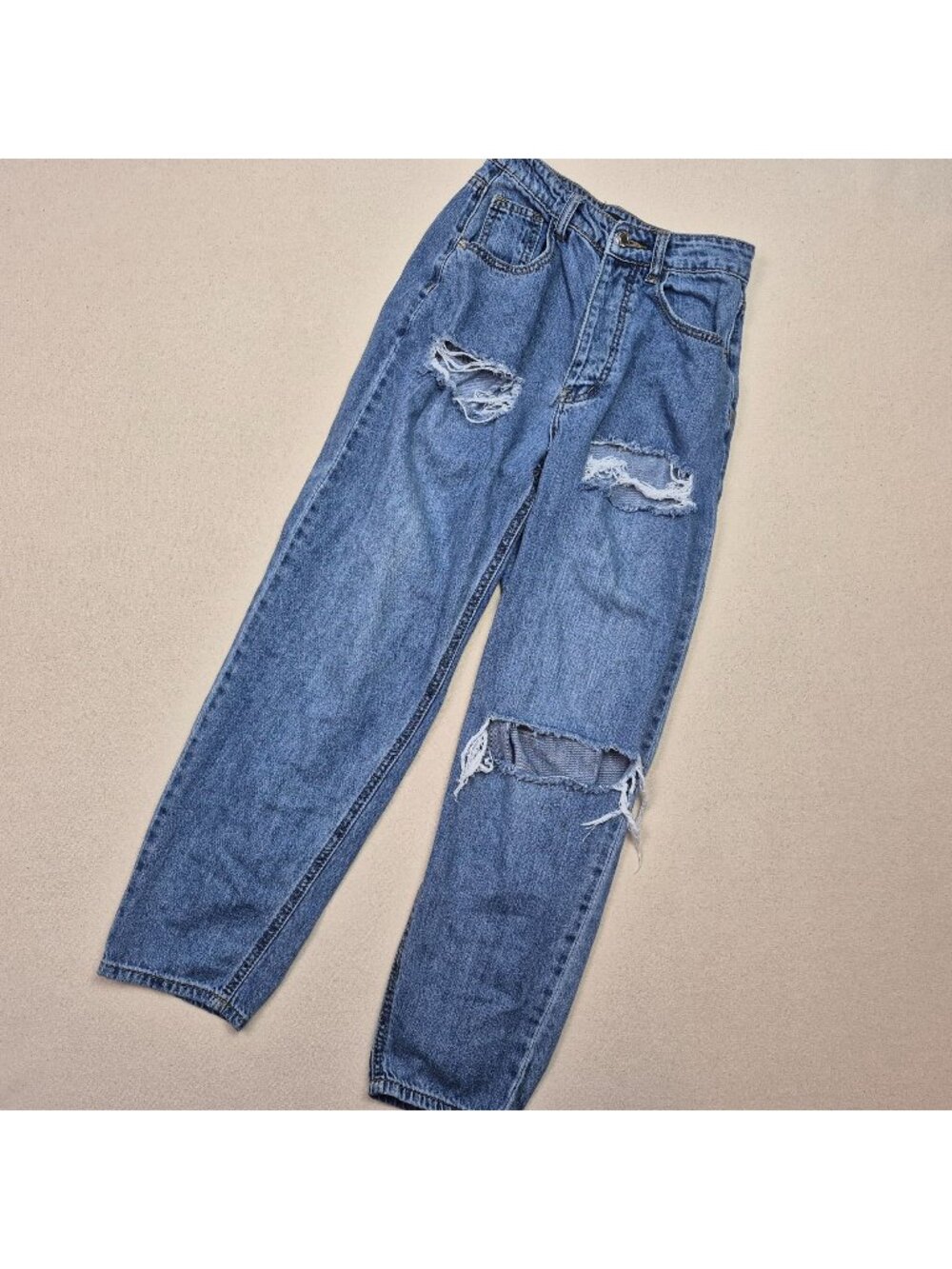 Pretty Little Thing Women's Distressed Wide Leg Taper Button Fly Blue Jeans Sz 0